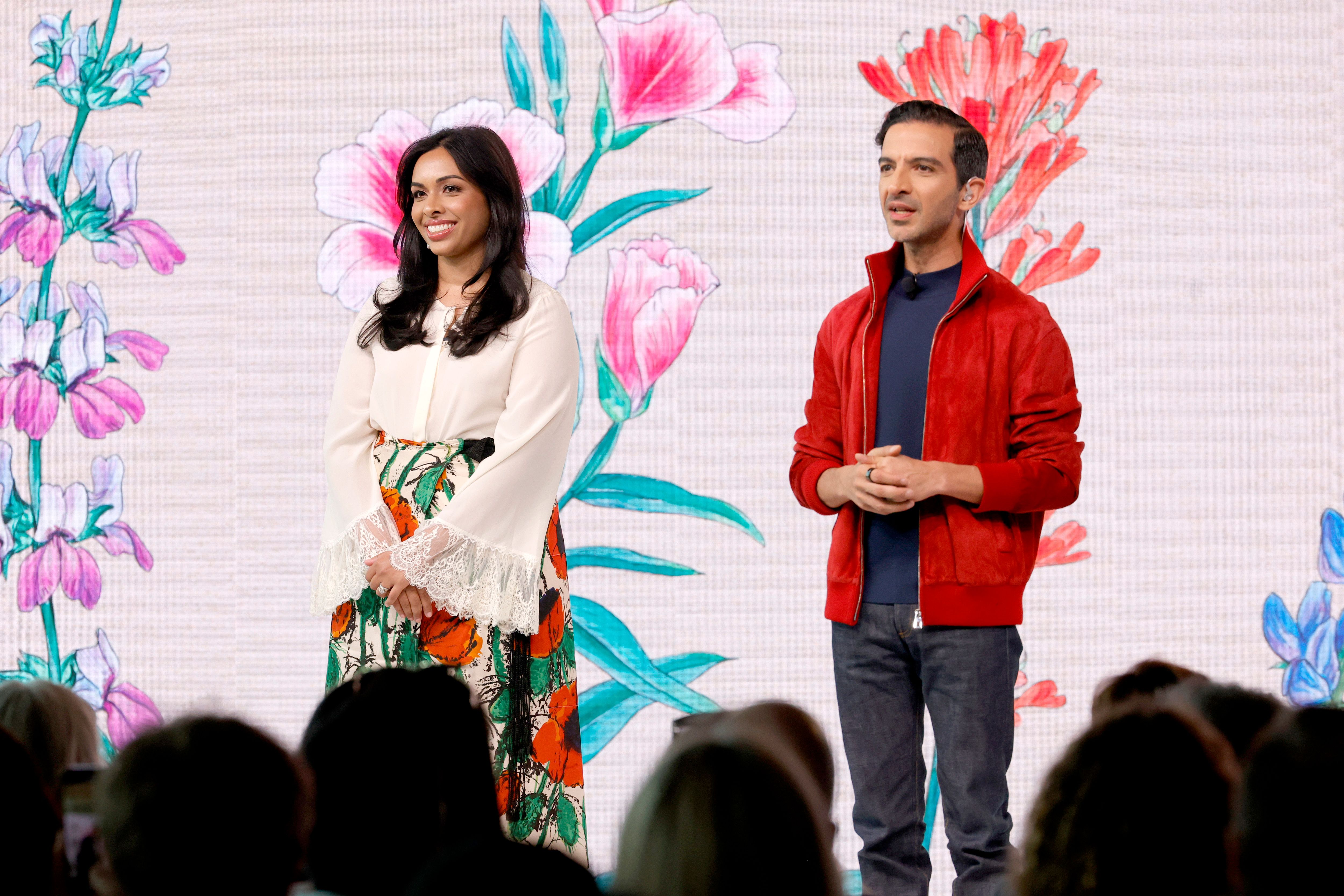 The hosts of The Business of Beauty Global Forum 2025, Priya Rao and Imran Amed on stage.